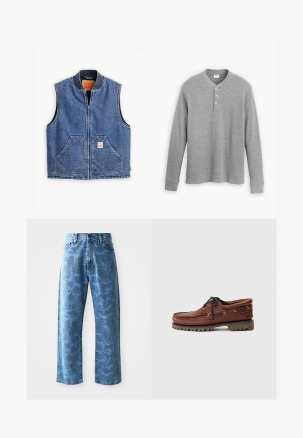 Denní vestu s předním zipem, žebrovaným límcem, dvěma předními kapsami a štítkem. Vyznačuje se klasickým modrým praním a strukturovaným designem.; Šedá dlouhá rukávová henley košile vyrobená z jemného ribu, s tříknoflíkovou légou a kulatým výstřihem, mírně vypasovaného střihu.; Světle modré džíny se jemným tonálním květinovým vzorem, širokým střihem nohavic, pěticí kapsami a knoflíkovým zapínáním v pase.; Hnědé kožené lodní boty s texturovaným svrškem, černým šněrováním a zlatými očka. Obsahují odolnou, vroubkovanou gumovou podrážku.