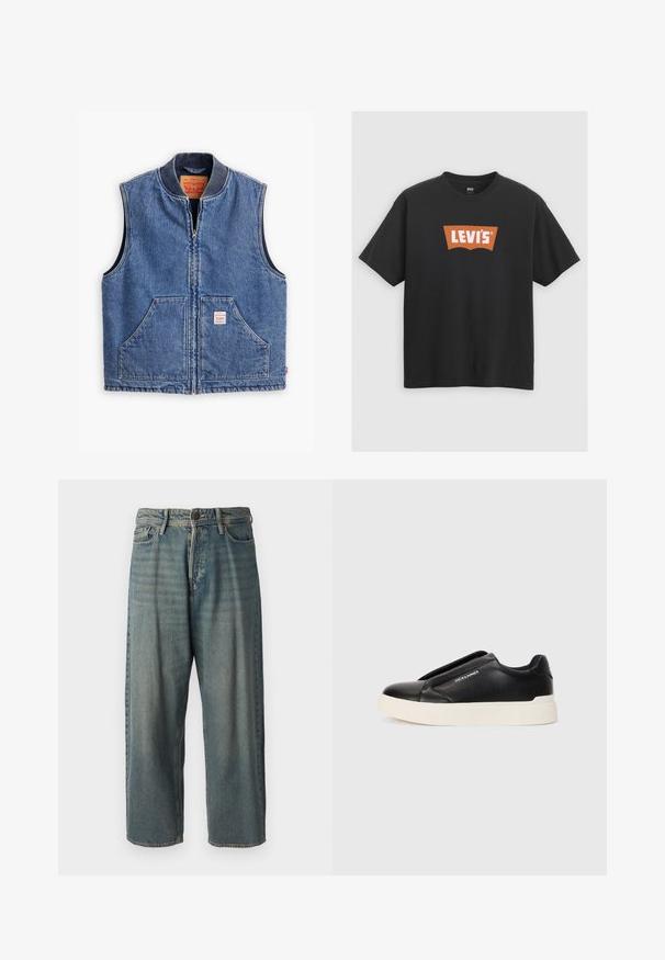 Jeans prsluk s patentnim zatvaračem sprijeda, rebrastim ovratnikom, dva prednja džepa i etiketom. Ima klasičnu plavu pranje i strukturirani dizajn.; Crna pamučna majica s velikim narančastim Levi's logotipom sprijeda, kratkim rukavima i okruglim izrezom.; Svijetloplave traperice s širokim krojem, srednjim pojasom i ravnim nogavicama. Ima pet džepova, petlje za remen i kopčanje na gumb.; Crne slip-on tenisice s teksturiranim kožnim gornjištem, bijelim gumeni potplat i bez vidljivih vezica. Sadrži logotip marke sa strane.