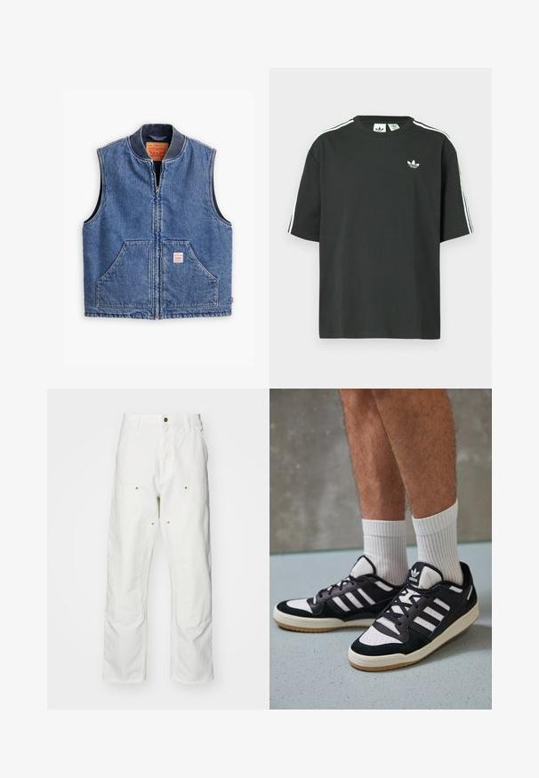 Jeans prsluk s patentnim zatvaračem sprijeda, rebrastim ovratnikom, dva prednja džepa i etiketom. Ima klasičnu plavu pranje i strukturirani dizajn.; Crna pamučna majica kratkih rukava, s okruglim izrezom i bijelim detaljima u obliku triju pruga na ramenima. Na prsima se nalazi mali bijeli logotip.; Bijele pamučne cargo hlače s opuštenim krojem. Značajke uključuju prednje džepove, zlatne detalje i ojačane dijelove koljena.; Crne i bijele tenisice s gornjim dijelom od antilopa i kože, s tri bijele pruge, perforiranim prstom i gumiranim potplatom.