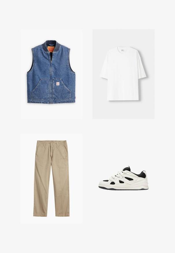 Jeansväst med dragkedja framtill, ribbad krage, två framfickor och ett märke. Har en klassisk blåtvätt och en strukturerad design.; Vit t-shirt med kort ärm, tillverkad av bomull, med rund halsringning och en avslappnad passform. Slät yta utan synliga mönster eller detaljer.; Beige rak ben chinos med bälteshällor, framknapp och dragkedja, samt snedställda framfickor.; Vita och svarta träningsskor med en strukturerad sula, som har utskärningar på sidorna och snörning, samt en vadderad baksida för stöd.