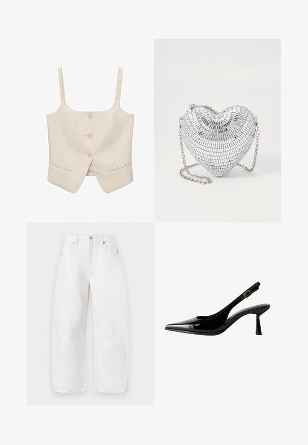 Vest crem cu croi scurt și bretele late, având trei nasturi și două buzunare laterale. Fabricat dintr-un material neted, cu o croială ajustată și o formă bine definită.; Camisola din satin negru cu decolteu în V din dantelă și bretele subțiri, purtată cu blugi albaștri închisi, pe un fundal neutru.; Jeans din denim albe, cu croială largă, închidere cu nasture, cinci buzunare și detalii de cusătură subtile. Textură moale și design casual. Fără deteriorări vizibile.; Pantofi cu toc slingback din piele patent neagră, cu vârf ascuțit, laterale decupate, curea la gleznă ajustabilă și toc subțire, elegant.; Geantă tip clutch în formă de inimă argintie, realizată din plăci asemănătoare cu oglinda, dotată cu un sistem de închidere cu balama și un breloc cu lanț. Textură netedă cu suprafață reflectorizantă.