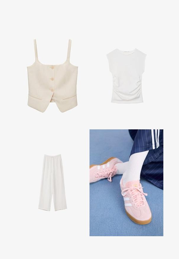 Kremasti kratki top s širokim naramenicama, s tri gumba i dva bočna džepa. Izrađen od glatke tkanine s prilagođenim krojem i strukturiranom oblikom.; Stradivarius FITTED WITH GATHERING - Osnovna majica kratkih rukava - white; Bijele hlače širokih nogavica napravljene od lagane tkanine. Imaju elastičan pojas s ušicom i bočne džepove. Glatka tekstura.; Svijetlopinkaste suede tenisice s bijelim prugama i vezicama, sa teksturiranim jezikom i gumenim potplatom, postavljene na plavi tepih.