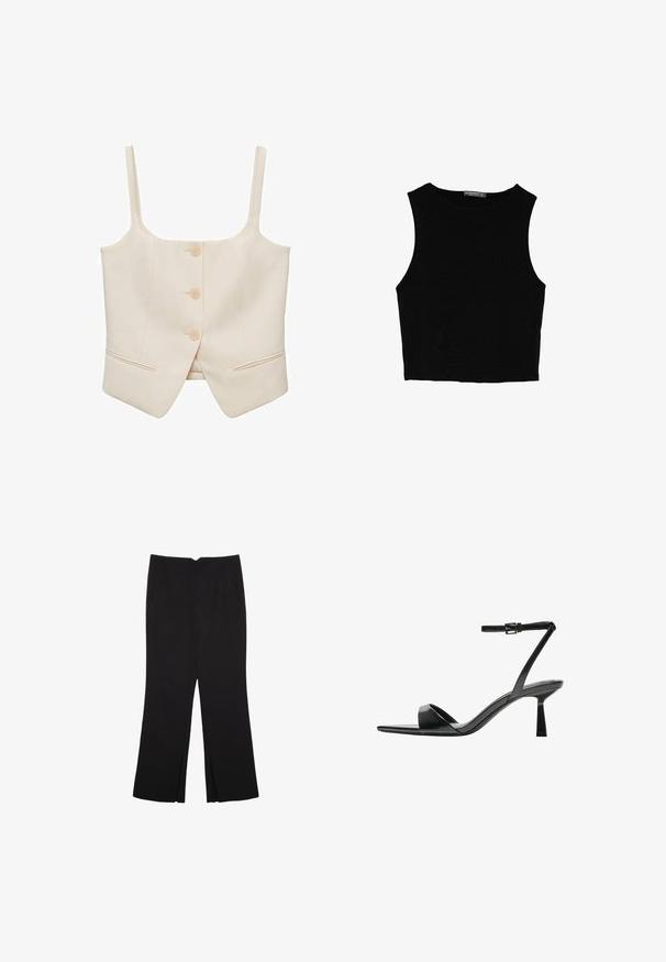 Top corto crema con spalline larghe, dotato di tre bottoni e due tasche laterali. Realizzato in tessuto morbido con una vestibilità su misura e una forma strutturata.; Top corto senza maniche nero realizzato in tessuto liscio, con scollatura rotonda e un design pulito e semplice, privo di pattern o accessori.; Pantaloni neri a gamba dritta, con tasche frontali e spacchi laterali all'orlo. Realizzati in tessuto morbido e liscio. Adatti a diverse occasioni.; Bershka Sandali con tacco - black