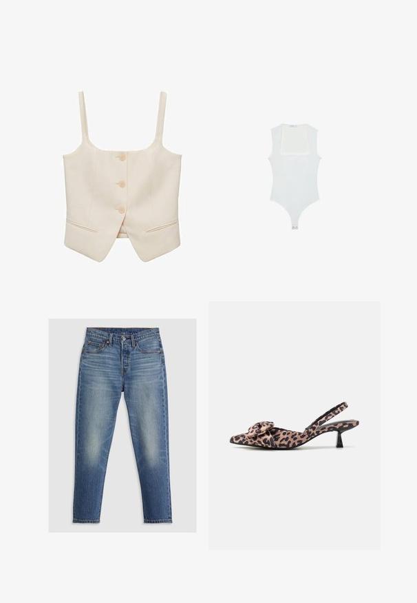 Cream cropped vest with wide straps, featuring three buttons and two side pockets. Made of smooth fabric with a tailored fit and structured shape.; White bodysuit with a square neckline, sleeveless design, smooth texture, and snap closure at the bottom. Simple and minimalist style.; Light blue denim jeans with a straight cut, five pockets, button fly, and subtle fading on the thighs. Contrast stitching visible.; Pointed-toe slingback heels in leopard print fabric with a bow accent, featuring a low black heel and smooth texture.