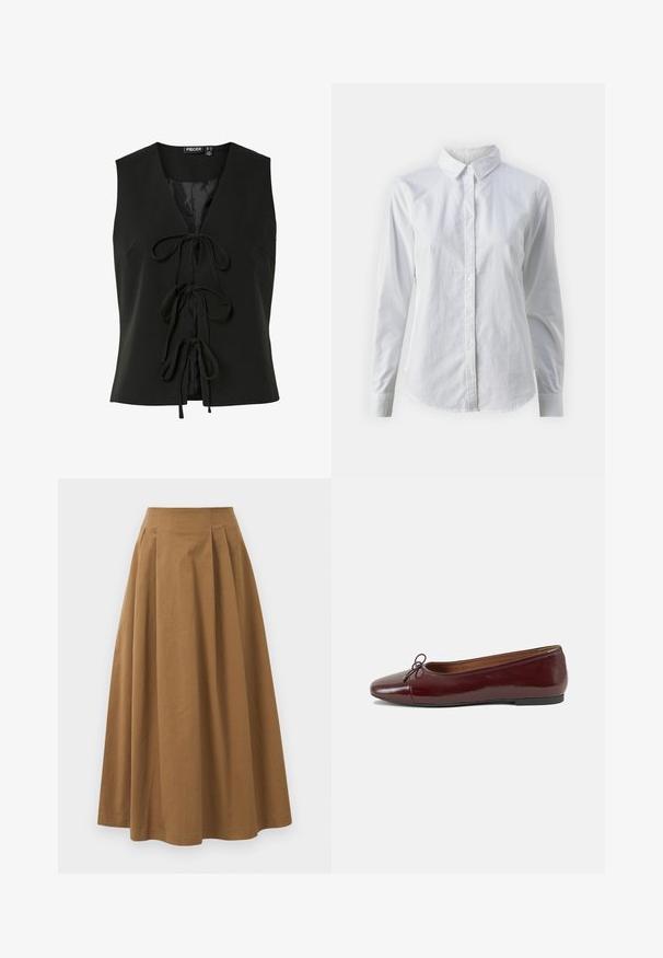 Juodas be rankovių liemenė su V formos iškirpte, turinti priekinį užsegimą su dviem ilgais raišteliais ir glotnu satino pamušalu, pagaminta iš lengvos medžiagos.; Balta marškinėliai su mygtukais, pagaminti iš lygios medvilnės, su klasikiniais apykaklės, ilgomis rankovėmis ir lenktu kraštu. Mygtukai maži ir balti.; Ruda medvilninė A formos sijonas su aukštu liemeniu, puikuojantis klostėmis priekyje ir lygia tekstūra. Apdailos kraštai yra švarūs ir paprasti.; Bordo lakiotos odos baleto bateliai su apvalia nosimi, maža kaspinėlio akcentu priekyje ir žema juoda guma padanga. Lygi tekstūra.