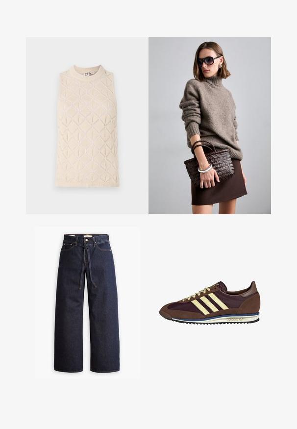 Kreminė megzta liemenė be rankovių su rombų raštu, su raukšlėtu kaklu ir tekstūra. Pagaminta iš minkštos siūlų medžiagos, kuri yra lengva ir kvėpuojanti.; Balta ilgomis rankovėmis marškiniai su apvaliu iškirpimu. Audinys turi tekstūruotą raštą su vertikaliomis linijomis ir raukšlėtais akcentais.; Plačios kojų tamsiai mėlynos džinsinės kelnės su aukštu liemeniu, turinčios raištį, penkias kišenes ir kontrastingas siūles.; Rudi ir burgundiški sportbačiai, pagaminti iš suedės ir tinklinės medžiagos, su trimis grietinėlės spalvos juostelėmis, tekstūruota medžiaga ant liežuvėlio ir guminis padas.; DRAGON DIFFUSION MINI FLAT GORA - Rankinė - dark brown