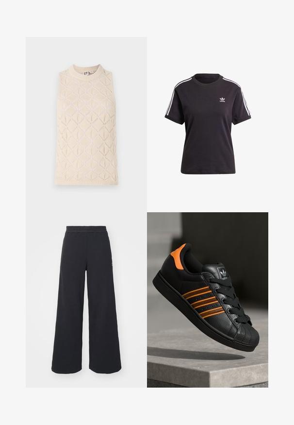 Kreminė megzta liemenė be rankovių su rombų raštu, su raukšlėtu kaklu ir tekstūra. Pagaminta iš minkštos siūlų medžiagos, kuri yra lengva ir kvėpuojanti.; Juodas medvilninis trumpa rankovėmis marškinėliai su apvalia iškirpte, su baltais dryžiais ant pečių ir maža balta Adidas logo ant krūtinės.; Juoda plačių kojų sportinė kelnė, pagaminta iš minkštos medžiagos, su elastinga juosmens juosta ir mažu logotipu kairėje pusėje.; Juodas sportinis batelis su oranžiniais akcentais, trimis horizontaliomis juostelėmis, tekstūruota odinė viršutinė dalis, guminiu nosių dangteliu ir juodomis raišteliais.
