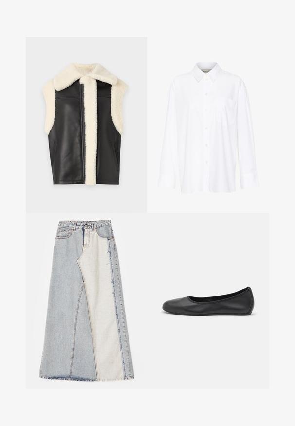 Musta nahkaliivi, jossa on kerma värinen tekoturkis kaulus ja koristeet, ilman hihoja ja sivutaskut. Pehmeä rakenne, puhtaat linjat ja minimalistinen tyyli.; Valkoinen pitkähihainen kauluspaita, joka on valmistettu puuvillasta. Paidassa on napitettava etuosuus ja yksi rintatasku. Pehmeä pinta, rento malli.; Hame denim, joka esittelee tilkkutyösuunnittelua vaaleansinisistä ja keskisinisistä osista, repaleisilla helmillä ja korkealla vyötäröllä. Klassinen viisi-taskuinen tyyli.; Musta nahkainen ballerina, jossa on pyöristetty kärki, sileä pinta, minimaalinen ommelkoristelu ja joustava pohjamuotoilu.