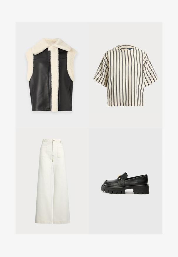 Czarna skórzana kamizelka z kremowym kołnierzem i wykończeniem z sztucznego futra, bez rękawów, z bocznymi kieszeniami. Miękka tekstura, z wyraźnymi liniami i minimalistycznym stylem.; Krótki rękaw, paskowana bluzka w kolorze kremowym i granatowym, z okrągłym dekoltem i pudełkowym krojem, wykonana z fakturowanej tkaniny.; Spodnie dżinsowe o szerokich nogawkach w odcieniu off-white. Wysoki stan z zapięciem na guzik, dwiema kieszeniami z przodu i detalami z kontrastowym przeszyciem.; Czarne skórzane loafersy z masywną podeszwą, z akcentem w kolorze złota z przodu i gładkim wykończeniem. Masywna podeszwa z ciekawym wzorem.