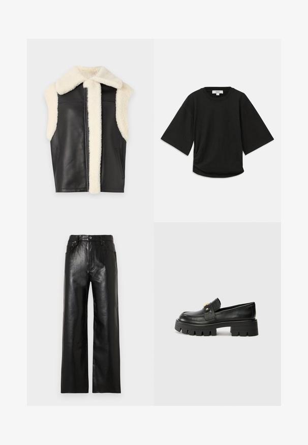 Must must vest kreemjuhhiga tehis karvakaeluse ja äärega, ilma varrukateta disain ja küljetaskud. Pehme tekstuur puhaste joonte ja minimalistliku stiiliga.; Must have lühikeste varrukatega must t-särk, mis on valmistatud pehmest puuvillast, ringikujulise kaelusega ja vabalt langenud lõikega, millel on külgedel peen volditud detail.; Mustad läikiva viimistlusega laia säärega nahkpüksid, millel on ees taskud, lüpsi tõmblukk ja nööbiga kinnitus. Ühtlane sile tekstuur.; Mustast nahkfrontaalid, millel on paks tald, esiosas kullatooni aksent ja sile viimistlus. Talse paksu mustriga disain.