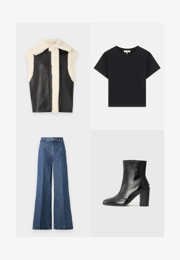 Black leather vest with cream faux fur collar and trim, sleeveless design, and side pockets. Soft texture with clean lines and minimalist style.; Black cropped t-shirt made of cotton, featuring a round neckline, short sleeves, and a simple design with no patterns or embellishments.; Wide-leg blue denim jeans with a high waist, featuring classic five-pocket styling and a button closure, made from textured cotton fabric.; Black leather ankle boot with a smooth texture, pointed toe, and a chunky high heel. Features a side opening and minimalistic design.