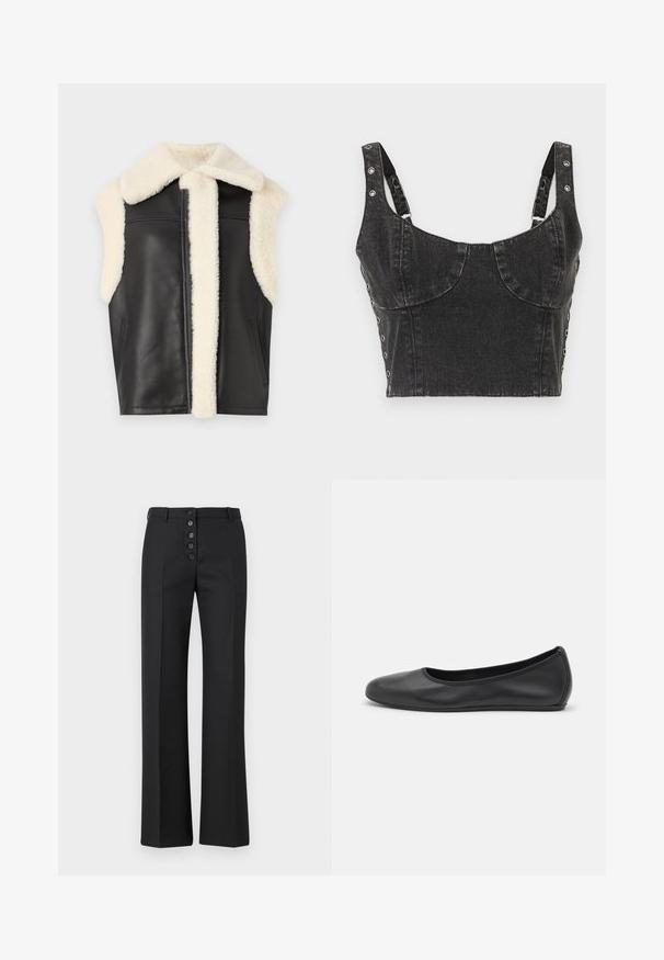 Black leather vest with cream faux fur collar and trim, sleeveless design, and side pockets. Soft texture with clean lines and minimalist style.; Ksubi DAUPHINE BUSTIER SHADOW - Top - black; The Kooples PANTALON - Trousers - black; Black leather ballet flat with a rounded toe, smooth texture, minimal stitching detail, and a flexible sole design.