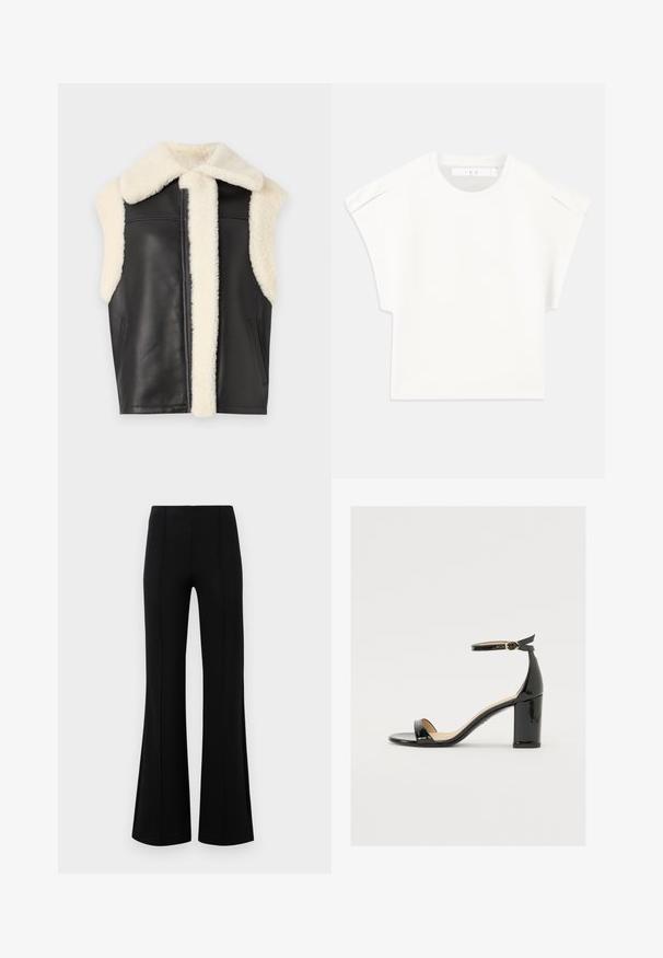 Juodas odinis liemenė su kreminės spalvos dirbtinio kailio apykakle ir apdaila, be rankovių dizainas ir šoniniai kišenės. Minkšta tekstūra su švariomis linijomis ir minimalizmu.; Balta kvadratinė marškinė su trumpomis rankovėmis. Pagaminti iš lygaus audinio, turi apvalią iškirptę ir subtilias pečių akcentus. Paprastas dizainas.; Juodos plačios kelnės su aukštu liemeniu, pagamintos iš tamprios medžiagos. Priekinėje dalyje yra vertikalūs siūlų akcentai ir lygus paviršius.; Juodas lakinės odos sandalai su plačiu kulnu, atvira koja ir kulkšnies juostele, turinčia auksinę sagtį. Lygi tekstūra ir elegantiškas dizainas.