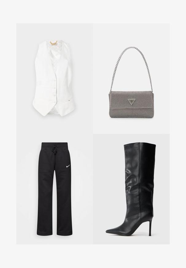 Gilet bianco in lino con scollatura a V profonda, sei bottoni e tasca laterale. Interno foderato con un tessuto a motivi sottili. Accenti dorati visibili.; Hoodie nero accorciato realizzato in tessuto morbido, con cappuccio regolabile tramite cordino, tasca a marsupio sul davanti e un piccolo logo Nike bianco sul petto.; Pantaloni sportivi neri realizzati in misto cotone, con vita elasticizzata regolabile, gambe dritte e logo bianco Nike sul lato sinistro.; Stivale in pelle nera, alto fino al ginocchio, con punta affilata e tacco sottile, su sfondo bianco semplice.; Borsa a mano metallica grigia chiara con tracolla a catena, impreziosita da piccoli chiodi metallici circolari e da un logo triangolare del marchio.; Orecchini a cerchio in argento con una finitura liscia e lucente. Forma arrotondata, design leggero, con chiusura a perno.