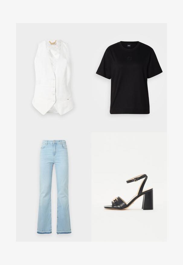 Baltas lino liemenės dizainas su giliais V formos iškirpimu, šešiais mygtukais ir šonine kišenėle. Vidus yra iš subtilaus raštuoto audinio. Matomi auksiniai akcentai.; Juodas medvilninis marškinėliai su apvalia iškirpte, trumpomis rankovėmis ir siuvinėjimu ant krūtinės. Paprastas, laisvas siluetas be raštų.; Šviesiai mėlyni, platėjantys džinsai pagaminti iš denimo, su aukštu juosmeniu, priekinėmis kišenėmis ir nelygiais apačiais, suteikiančiais kasdišką išvaizdą.; Juodos aukštakulnės šlepetės, pagamintos iš lygaus odos, su kvadratiniu pirštu, kulkšnies dirželiu ir auksiniu akcentu priekyje.