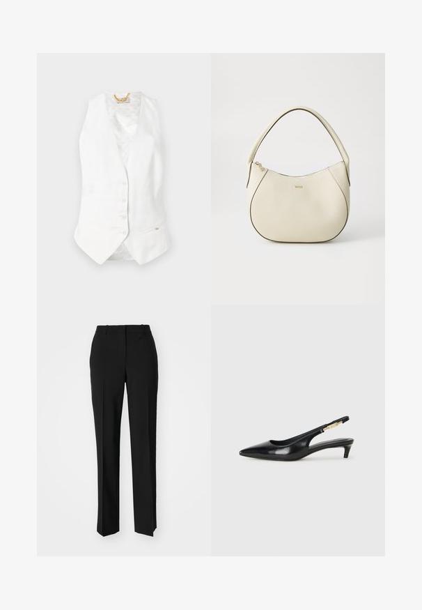 White linen vest with a deep V-neck, six buttons, and a side pocket. Interior lined with a subtle patterned fabric. Gold accents visible.; Black cotton t-shirt with a crew neckline, short sleeves, and an embroidered logo on the chest. Simple, relaxed fit with no patterns.; Black tailored trousers with a straight-leg design, featuring a smooth texture and crisp creases along the front. No visible hardware.; Black leather slingback heels with a pointed toe, featuring a slim heel and a gold-tone accent on the adjustable strap. Smooth texture.; Cream-colored handbag with a textured finish, curved shape, short handle, and gold-tone logo detail. Zipper closure at the top.