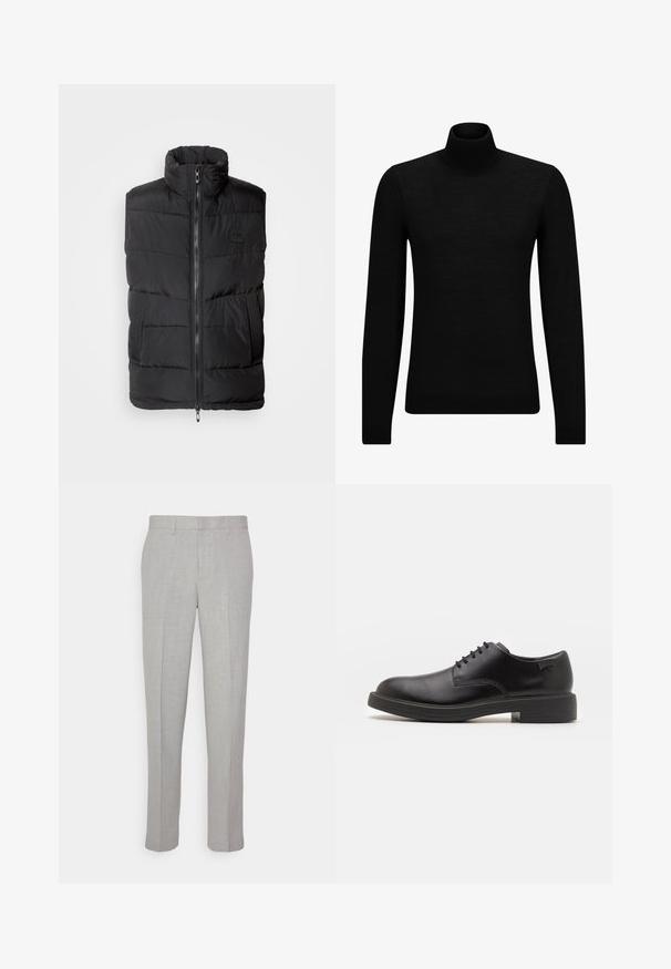 Melns pūkains bezmugura veste ar augstu apkakli, priekšējo rāvējslēdzēju un teksturētām sānu paneļiem. Iekšējā dībe jeb quilted raksts visā vestē un minimāls zīmola apzīmējums.; Melnā augstā kakla džemperis, kas izgatavots no mīksta materiāla, ar garām piedurknēm un pieguļušu piegriezumu. Ribota apdare ap apakšu un piedurknēm. Vienkāršs dizains.; Gai pelēki bikses ar gludu tekstūru, plakanu priekšpusi un taisnām kājām. Izgatavotas no elpojoša auduma, ar iekšējām kabatām un jostu cilpām.; Melna āda sašūta kurpe ar noapaļotu purngalu, gludu tekstūru, minimālu šuvju skaitu un zemu gumijas papēdi. Logo uz papēža.