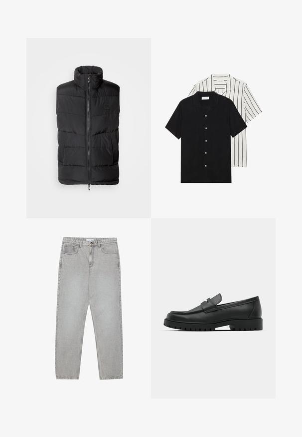 Gilet imbottito nero con colletto alto, chiusura frontale con zip e pannelli laterali textured. Motivo a rombi su tutta la superficie e dettagli di branding minimi.; Due camicie a manica corta: una nera uniforme, l'altra bianca con strisce verticali nere. Entrambe presentano chiusure a bottoni e un colletto classico.; Pantaloni in denim grigio chiaro con design a gamba dritta, stile a cinque tasche e chiusura con bottone. Cuciture visibili lungo le cuciture.; Mocassini in pelle nera con punta rotonda, caratterizzati da un design cucito, suola piatta bassa e un battistrada in gomma testurizzata e scolpita.