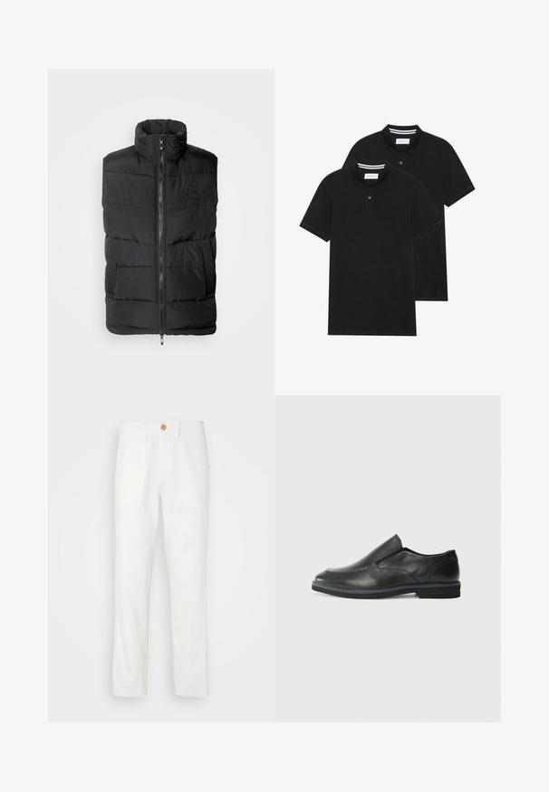 Vest puf negru cu guler înalt, închidere cu fermoar frontal și panouri laterale texturate. Model matlasat pe întreaga suprafață și detalii de branding minime.; Două tricouri polo negre, cu mânecă scurtă, din material de bumbac, având un guler clasic, deschidere cu două butoane și accente albe cu dungi în interiorul gulerului.; Pantaloni din stofă albă cu croială dreaptă, având două buzunare frontale și închidere cu buton. Textură netedă și design simplu.; Pantof de piele neagră, tip slip-on, cu un superior neted, accente cusute, vârf rotunjit și un toc jos din cauciuc. Talpa are un profil minim de aderență.
