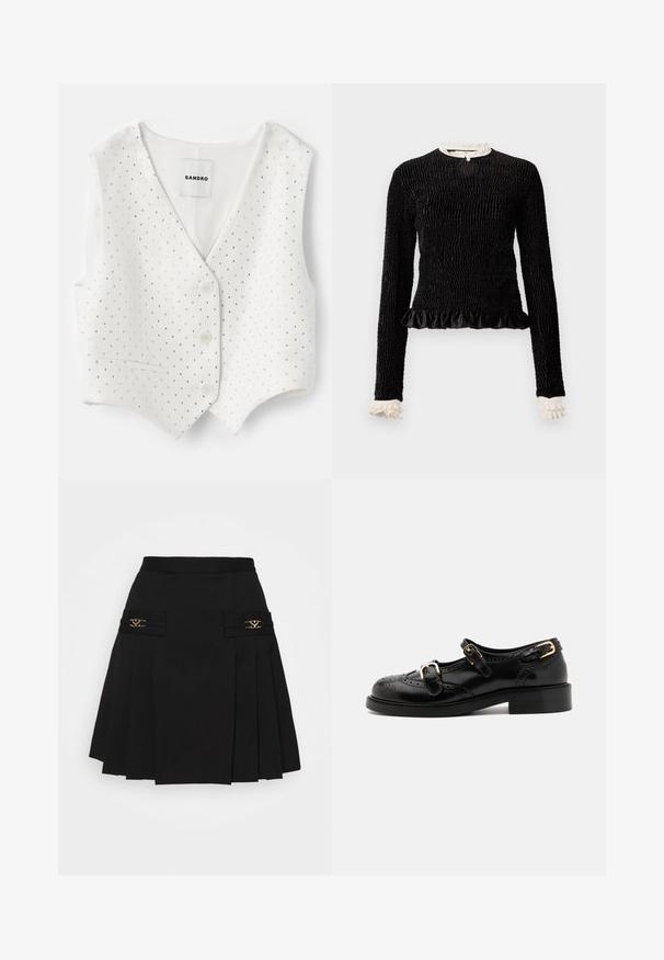 Baltas liemenės modelis su V formos iškirpte, su tekstūruotu paviršiumi, išmargintu mažomis sidabrinėmis kniedėmis, dviem mygtukais ir šonine kišenėle.; Juodas ilgomis rankovėmis viršus su tekstūruotu audiniu, raukiniais apatinėje dalyje ir baltais raukiniais prie apykaklės ir rankogalių. Yra centrinis užsegimas su kilpele.; Juoda klostuota sijonas su auksiniais akcentais. Yra šoninės kišenės su logotipo detalėmis, pagamintas iš lygaus audinio. A formos siluetas.; Juodi odiniai batai su brogučių detalėmis, turintys dvi sagtis, apvalų nosį ir žemą kulną. Lygus paviršius su blizgiu finišu.