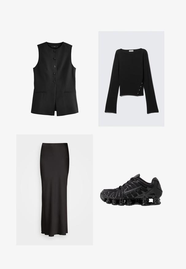 Czarna bezrękawnikowa kamizelka z okrągłym dekoltem, sześcioma guzikami z przodu i dwiema bocznymi kieszeniami, wykonana z gładkiego materiału.; Czarna bluzka z długim rękawem, wykonana z gładkiego materiału, z dekoltem w łódkę, krótką długością oraz bocznym detalem z srebrnymi zatrzaskami.; Czarna, sięgająca podłogi satynowa spódnica o gładkiej fakturze, dopasowana w talii i w kształcie litery A, bez widocznych zdobień lub wzorów.; Czarne buty sportowe z siateczkową cholewką i połyskującymi detalami. Posiadają wyprofilowane poduszki pod nogami i teksturowane linie po boku. Widoczna logo Nike.