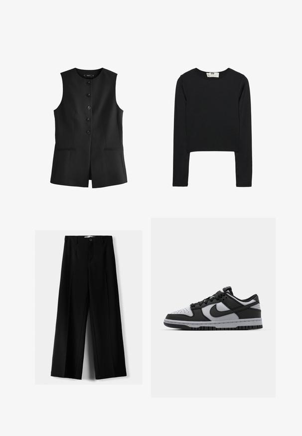 Mustat hihattomat liivit, joissa on pyöreä kaula-aukko, kuusi etunappia ja kaksi sivutaskua, valmistettu sileästä kankaasta.; Mustat pitkät hihat crop-top, joka on valmistettu kevyestä kankaasta. Tässä on pyöreä pääntie ja tiukka siluetti, puhtaat saumat ja ilman koristeita.; Mustat leveälahkeiset housut, jotka on valmistettu kevyestä kankaasta. Housuissa on etunappikiinnitys ja tasainen etuosa, sekä huolellisesti ommellut helmat.; Musta ja harmaa Nike Dunk matalaprofiilinen sneaker, jossa on rei'itetty varvasosa, sileät nahka-akcentit ja kumipohja, joka sisältää teksturoidun kuvion.