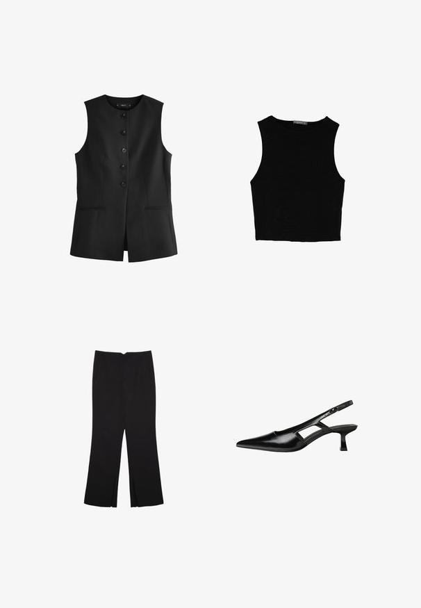 Mustat hihattomat liivit, joissa on pyöreä kaula-aukko, kuusi etunappia ja kaksi sivutaskua, valmistettu sileästä kankaasta.; Musta hihaton crop-top, joka on valmistettu sileästä kankaasta, jossa on pyöreä kaula-aukko ja siisti, yksinkertainen muotoilu ilman kuvioita tai varusteita.; Mustat housut suoralinjaisella leikkauksella, joissa on etutaskut ja sivurei'ät helman alla. Valmistettu pehmeästä ja sileästä kankaasta. Sopii eri tilaisuuksiin.; Mustat lakatut nahkakengät, joissa on viistopää, leikattu sivusuunnassa ja pieni neliökoroke. Sujuva pinta, jossa on minimaalinen koristelu.