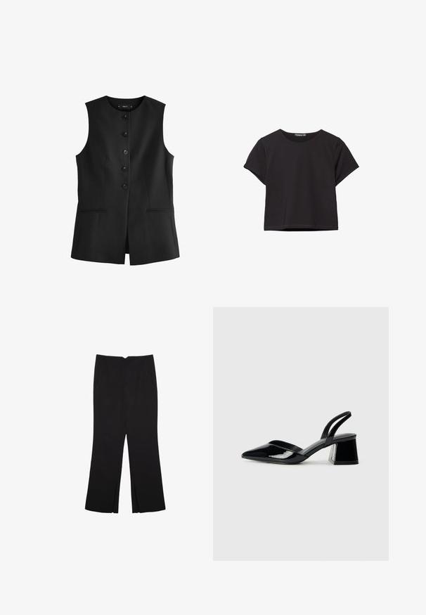 Gilet senza maniche nero con scollo rotondo, sei bottoni frontali e due tasche laterali, realizzato in un tessuto liscio.; Top corto a maniche corte nero, realizzato in un tessuto morbido, con scollo rotondo e una vestibilità comoda con orlo pulito.; Pantaloni neri a gamba dritta, con tasche frontali e spacchi laterali all'orlo. Realizzati in tessuto morbido e liscio. Adatti a diverse occasioni.; Décolleté in vernice nera con punta affusolata e tacco in geometria cubica. Presentano un design elegante e minimalista, con una texture liscia.
