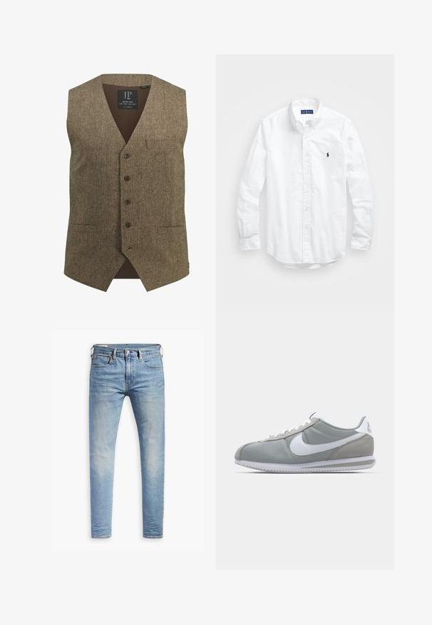 Bruine tweed vest met V-hals, vijf knopen, enkele borstzak en geribbelde onderrug. Opvallende textuur en klassieke uitstraling.; Witte lange mouwen overhemd van katoen. Voorzien van een klassiek kraag, knopenmanchetten en een klein marineblauw geborduurd logo op de borst.; Lichtblauwe slim-fit jeans met een lichte vervaging op de dijen, knoopsluiting aan de voorkant, riemlussen en vijf-pocket styling op een witte achtergrond.; Grijze sportschoen met een bovenwerk van suede en textiel, witte Nike swoosh en witte veters. Heeft een gestructureerde rubberen zool en een gevoerde schacht.