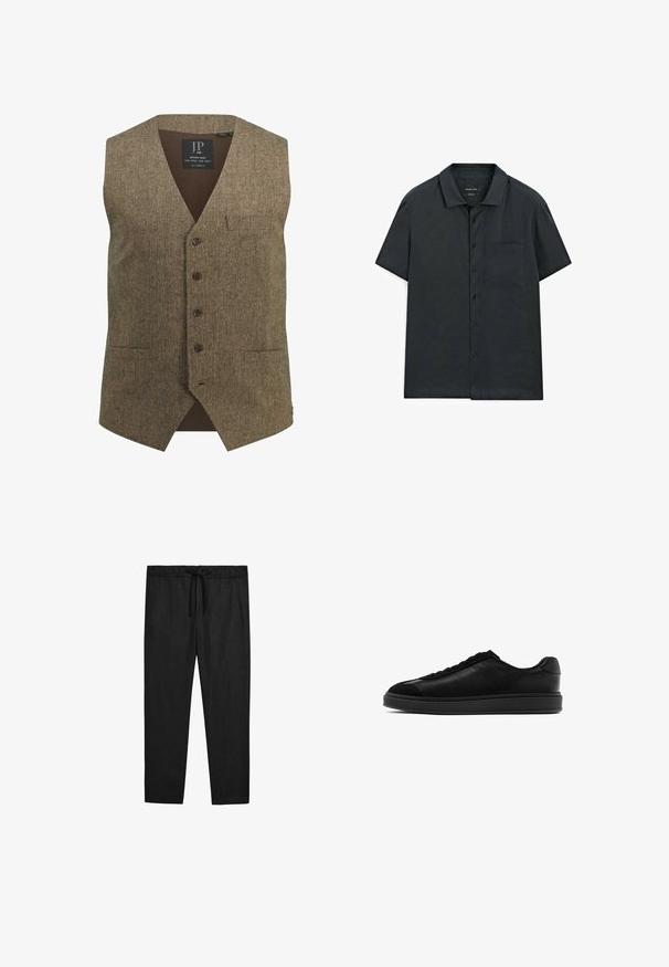 Brun tweedväst med V-ringning, fem knappar, en bröstficka och ribbad bakdel. Anmärkningsvärd textur och klassisk design.; Kortärmad skjorta med knappar i mörkgrått tyg, med en enkel krage, en enda bröstficka och en jämn textur.; Massimo Dutti JOGGER FIT - Tygbyxor - black; Svarta lädersneakers med en slät yta, rund tå, snörning framtill och en kontrasterande texturerad tunga. Tjock svart gummisula.