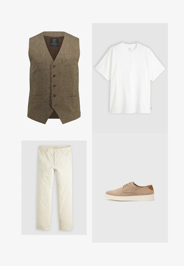Brązowa kamizelka z tweedu z dekoltem w serek, pięcioma guzikami, pojedynczą kieszenią na piersi i prążkowanym dolnym tyłem. Zauważalna tekstura i klasyczny design.; Biała koszulka z krótkim rękawem wykonana z bawełny, z okrągłym dekoltem. Posiada subtelny wytłoczony logo z przodu oraz czerwoną metkę na dolnym brzegu.; Jasno beżowe luźne spodnie z trzema kieszeniami, paskami na pasek oraz prostym krojem nogawki. Wykonane z miękkiej mieszanki bawełny.; Beżowe zamszowe sneakersy z okrągłym noskiem, sznurowanym przodem i teksturowanym akcentem na tyle. Biała gumowa podeszwa tworzy kontrast. Prosty i nowoczesny design.