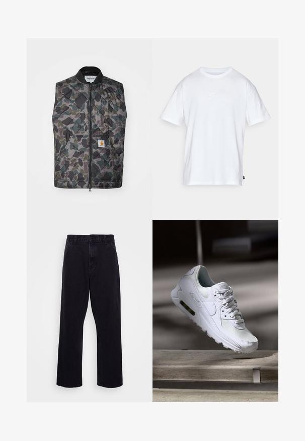 Chaleco acolchado en patrón de camuflaje que presenta tonos de verde, gris y negro. Incluye un zipper frontal y un parche con el logo en el bolsillo.; Camiseta de algodón blanca con mangas cortas y cuello redondo. Presenta un pequeño y sutil logo de Nike en el pecho y una etiqueta lateral.; Pantalones de mezclilla negros con un diseño de pierna recta, que cuentan con un cierre de botón y cremallera, presillas para cinturón y detalles de costura mínimos.; Zapatilla Nike Air Max 90 blanca con parte superior de malla y cuero, caja de puntera perforada y unidad de aire visible en el talón.