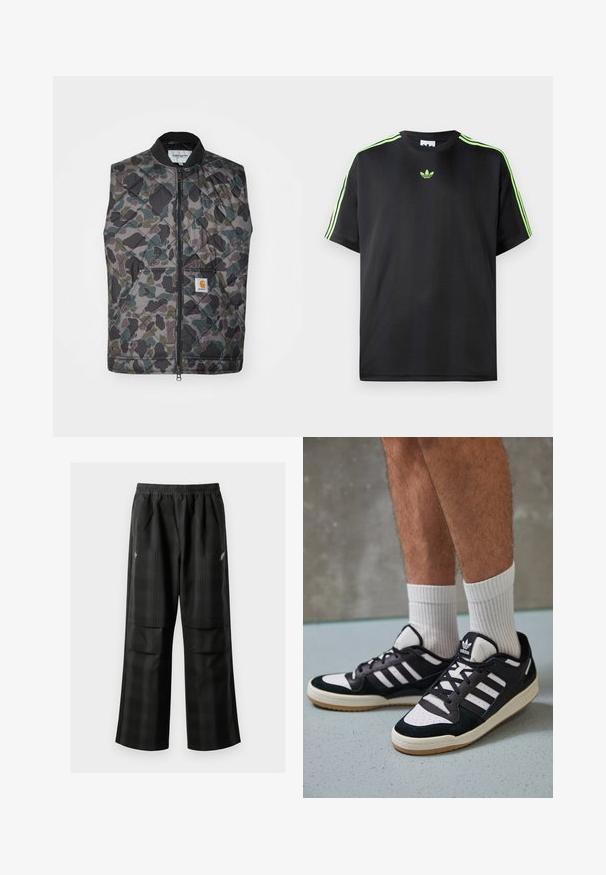 Quilted vest in camouflage pattern featuring shades of green, gray, and black. Includes a front zipper and a logo patch on the pocket.; Black T-shirt made of smooth fabric with a crew neckline, featuring three green stripes on the shoulders and a small green logo on the chest.; Black plaid pants featuring an elastic waistband, two front pockets, and a loose fit with a straight leg design. Made from lightweight material.; Black and white sneakers with a suede and leather upper, featuring three white stripes, a perforated toe, and a gum rubber sole.