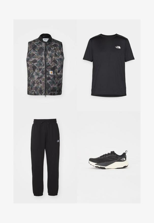 Gestepptes Weste im Camouflage-Muster mit Grüntönen, Grau und Schwarz. Enthält einen vorderen Reißverschluss und ein Logo-Patch auf der Tasche.; Schwarzes T-Shirt mit kurzen Ärmeln aus leichtem Stoff. Mit einem kleinen weißen Logo auf der linken Brust und dezenten Akzenten an den Schultern.; Schwarze Jogginghose aus weichem Stoff, mit einem elastischen Bund und Kordelzug, Bündchen an den Knöcheln und einem kleinen Logo am Oberschenkel.; Schwarzer Sportschuh mit strukturiertem Mesh-Obermaterial, komplett schwarzen Akzenten und leichter weißer Laufsohle. Verfügt über eine Schnürung und eine Zuglasche.